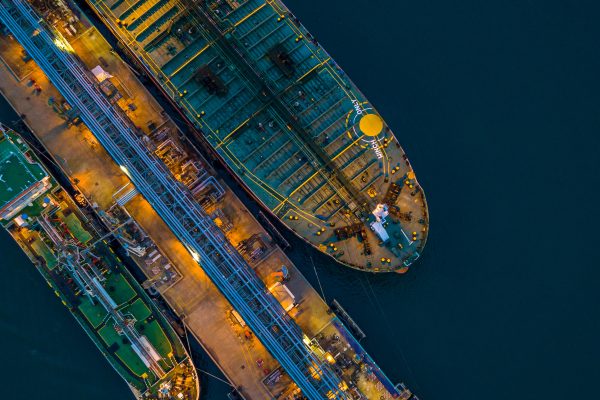 Aerial view tanker ship loading in port at night, Tanker ship lo