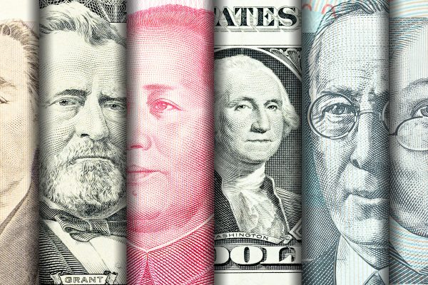 Faces of famous leader on banknotes of the main country in the w